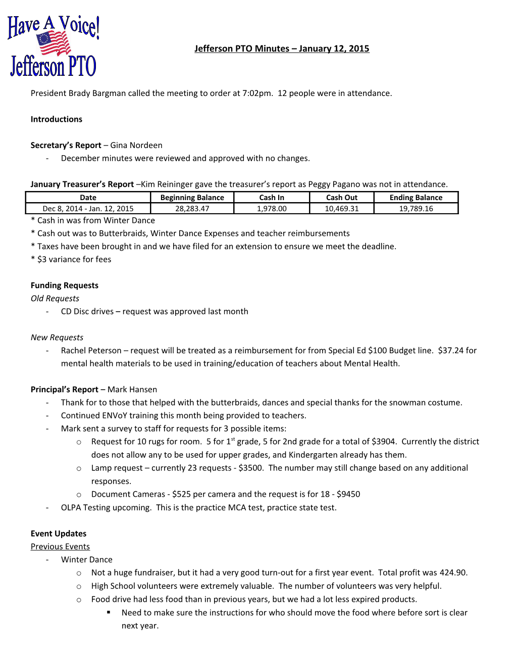 Jefferson PTO Minutes January 12, 2015