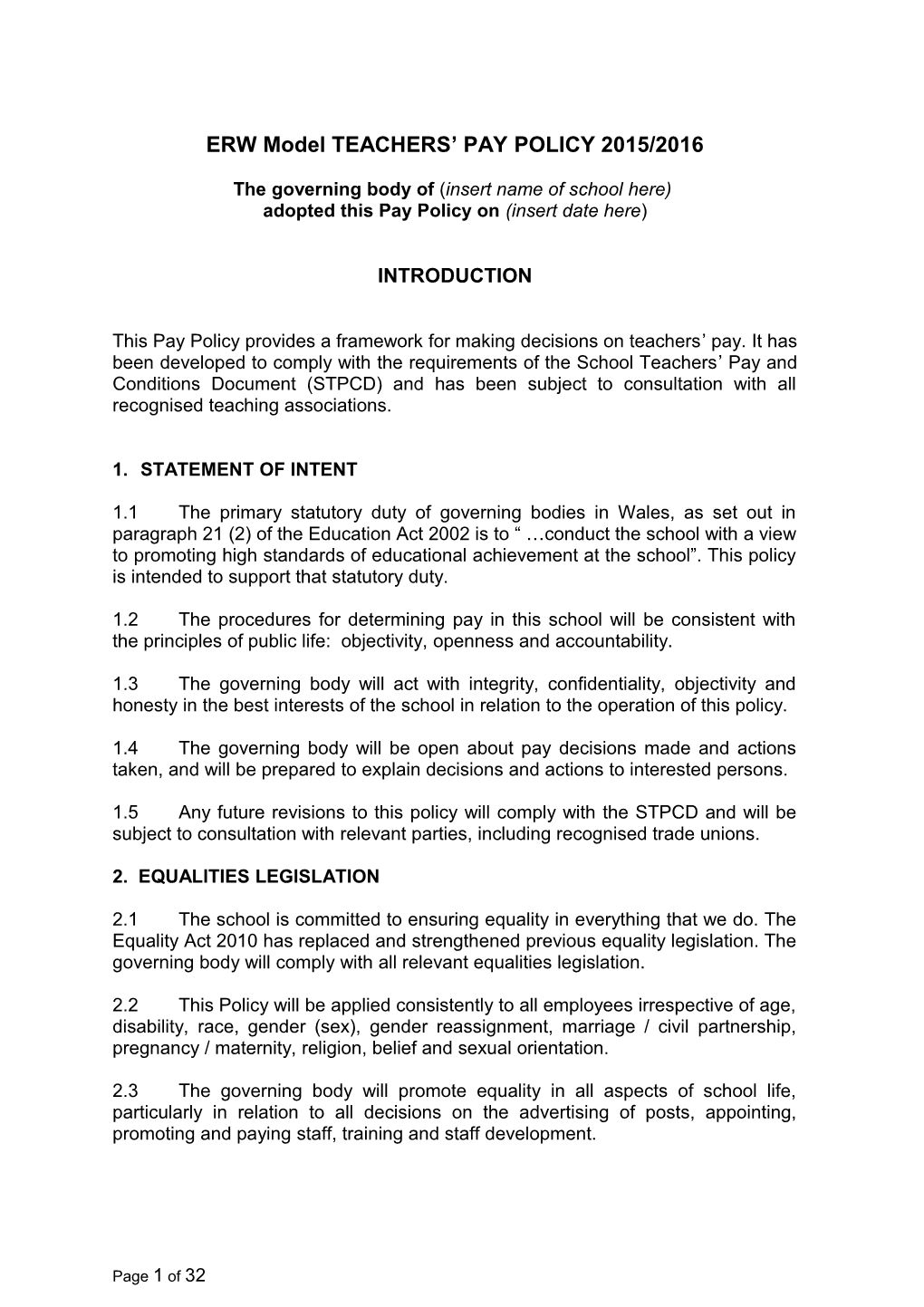 ERW Model TEACHERS PAY POLICY 2015/2016