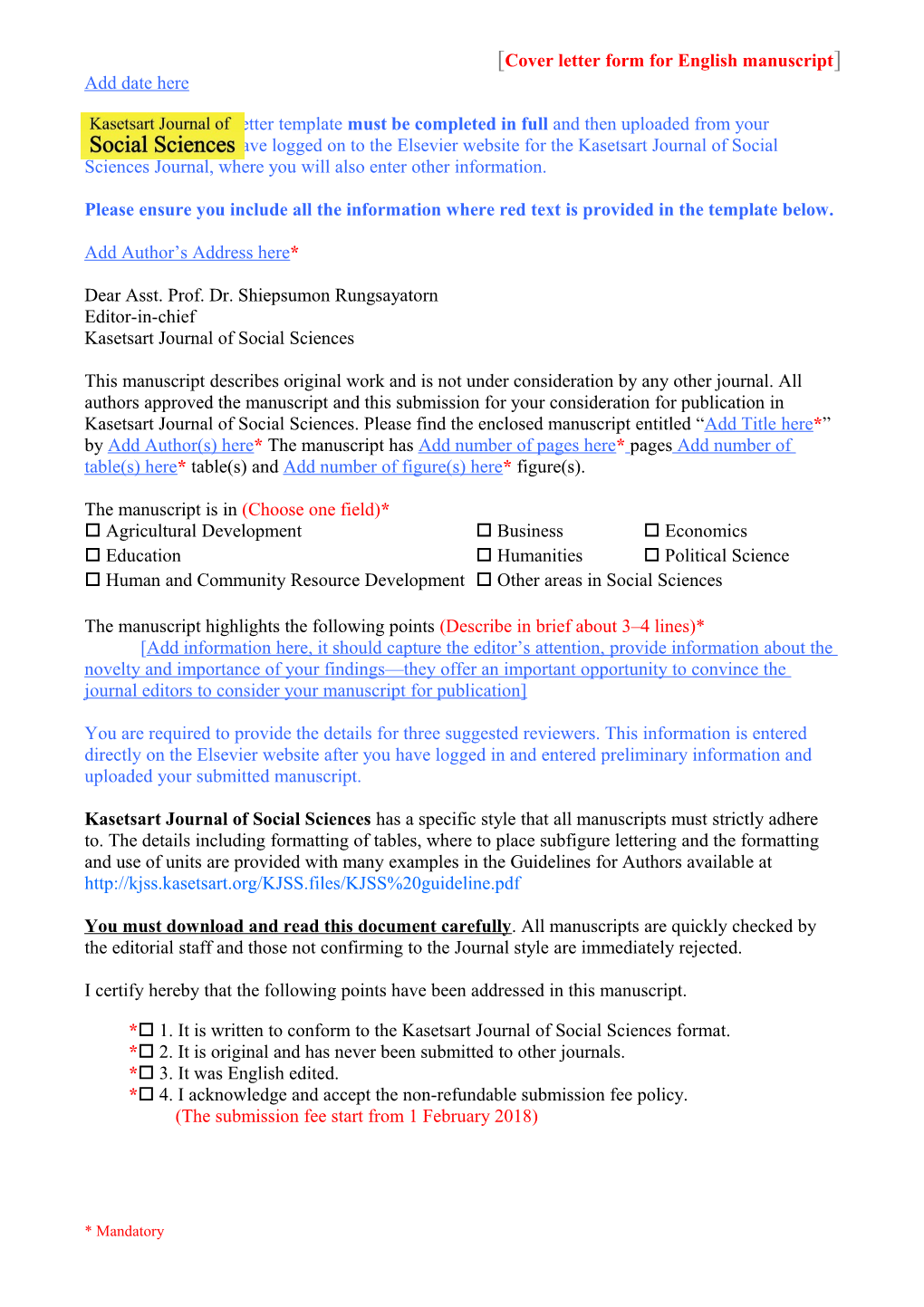 Cover Letter Form for English Manuscript