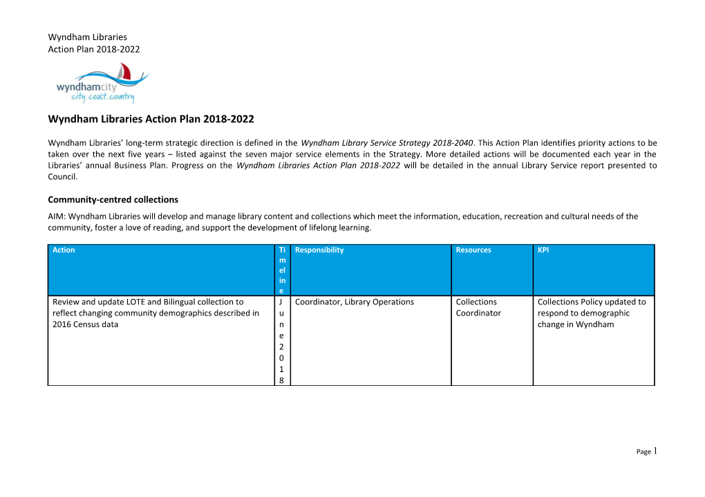 Wyndham Libraries Action Plan 2018-2022