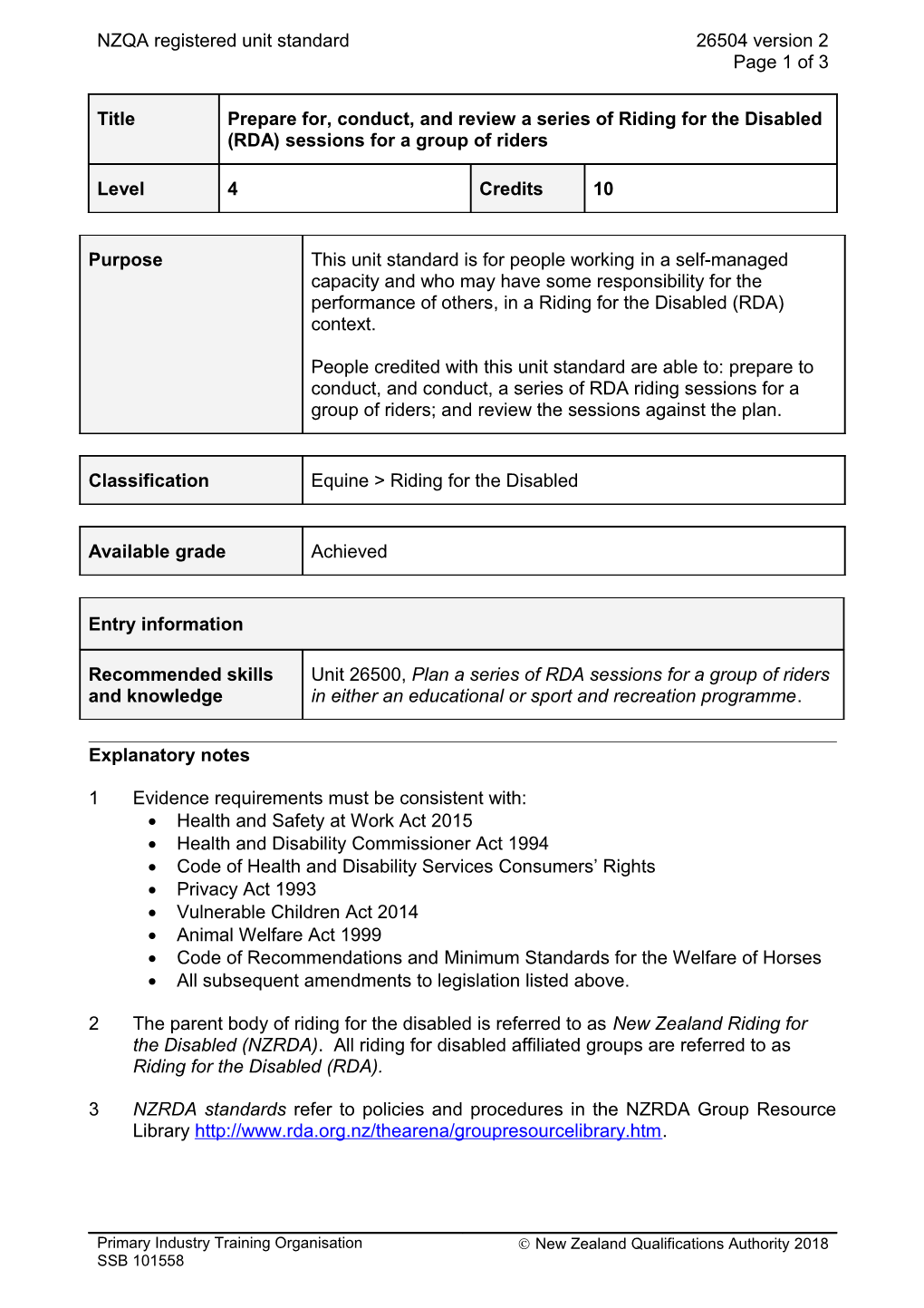 26504 Prepare For, Conduct, and Review a Series of Riding for the Disabled (RDA) Sessions