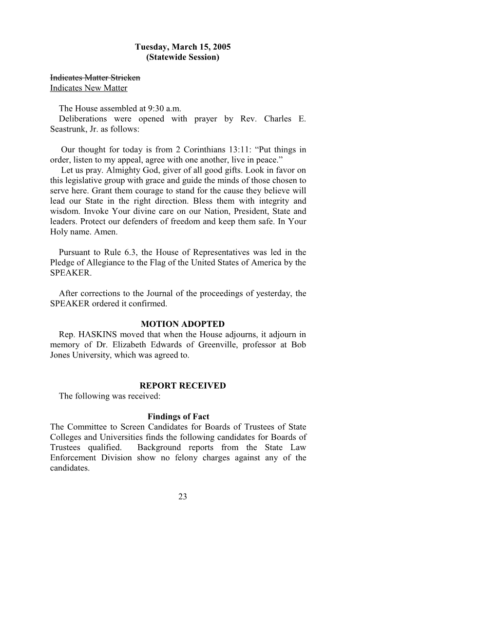 House Journal for Mar. 15, 2005 - South Carolina Legislature Online