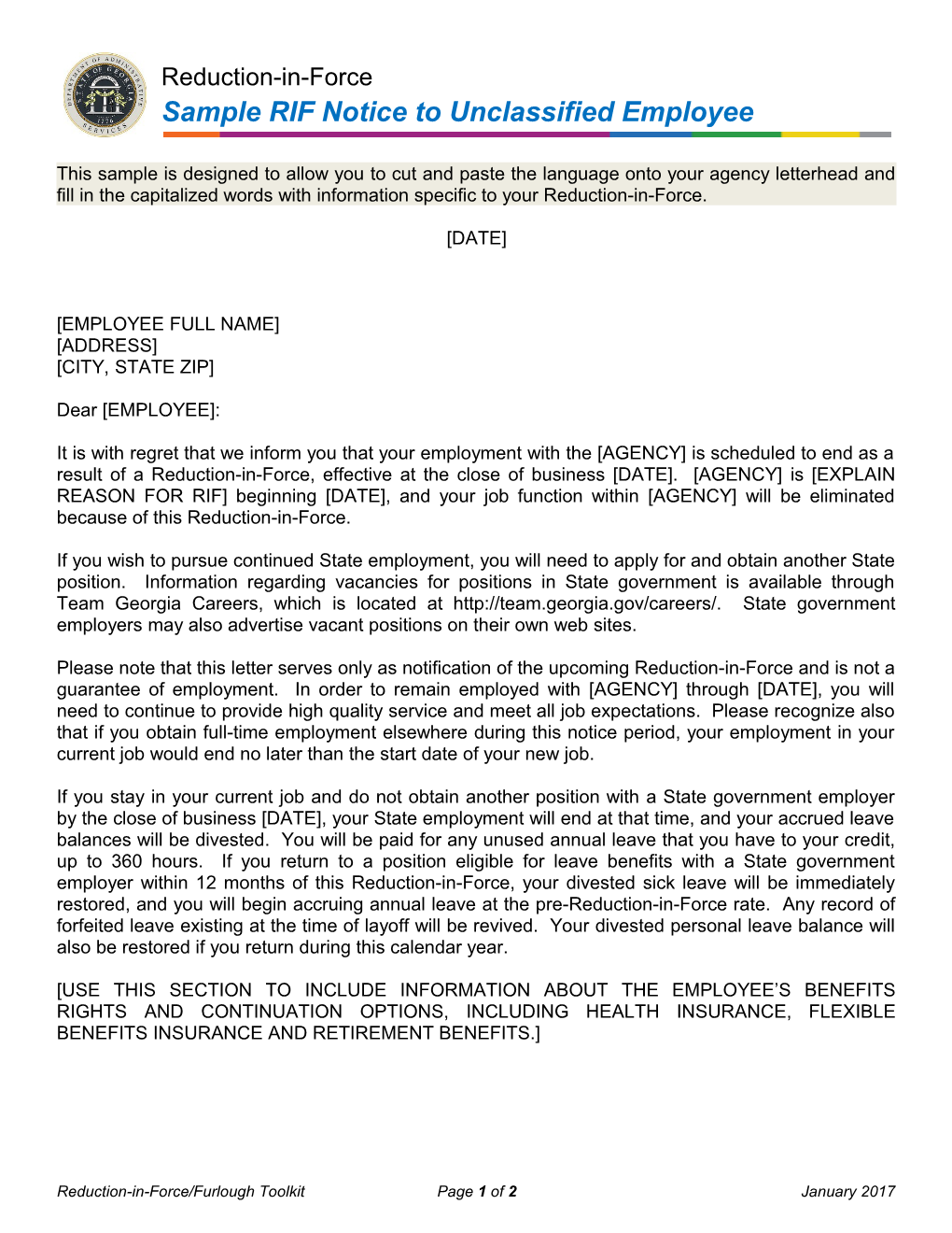 Sample RIF Notice Letter for Unclassified Employees