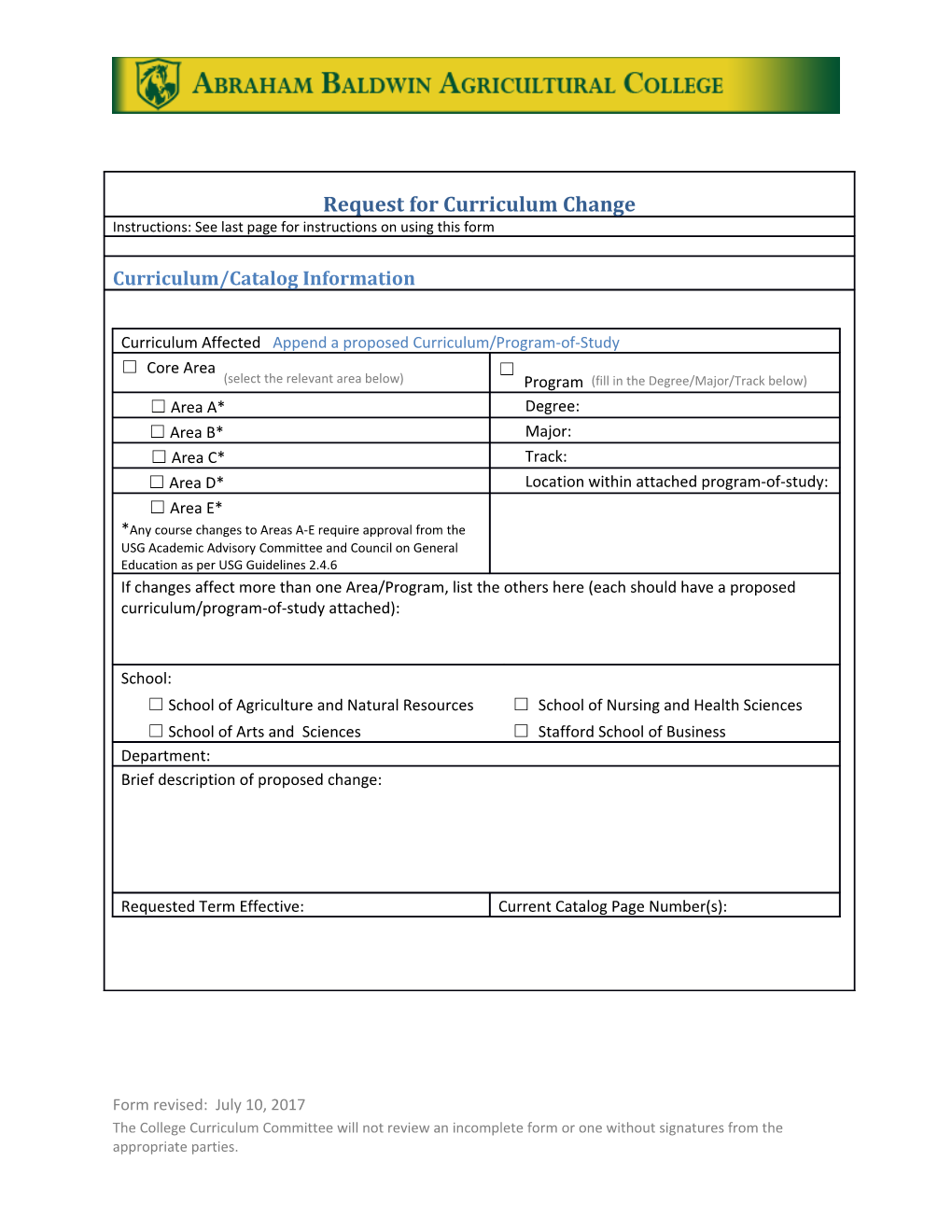 Request for Curriculum Change