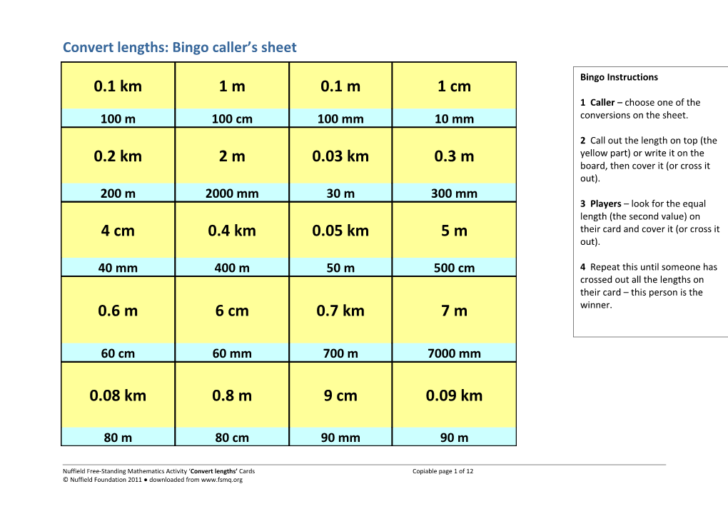 Convert Lengths: Bingo Caller S Sheet