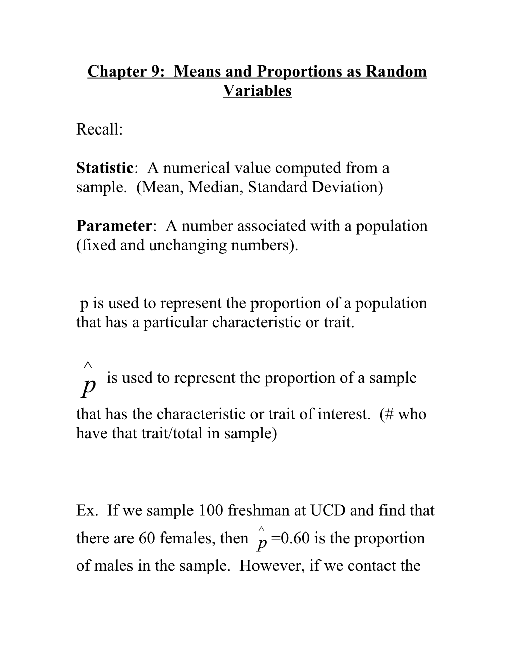 Chapter 9: Means and Proportions As Random Variables