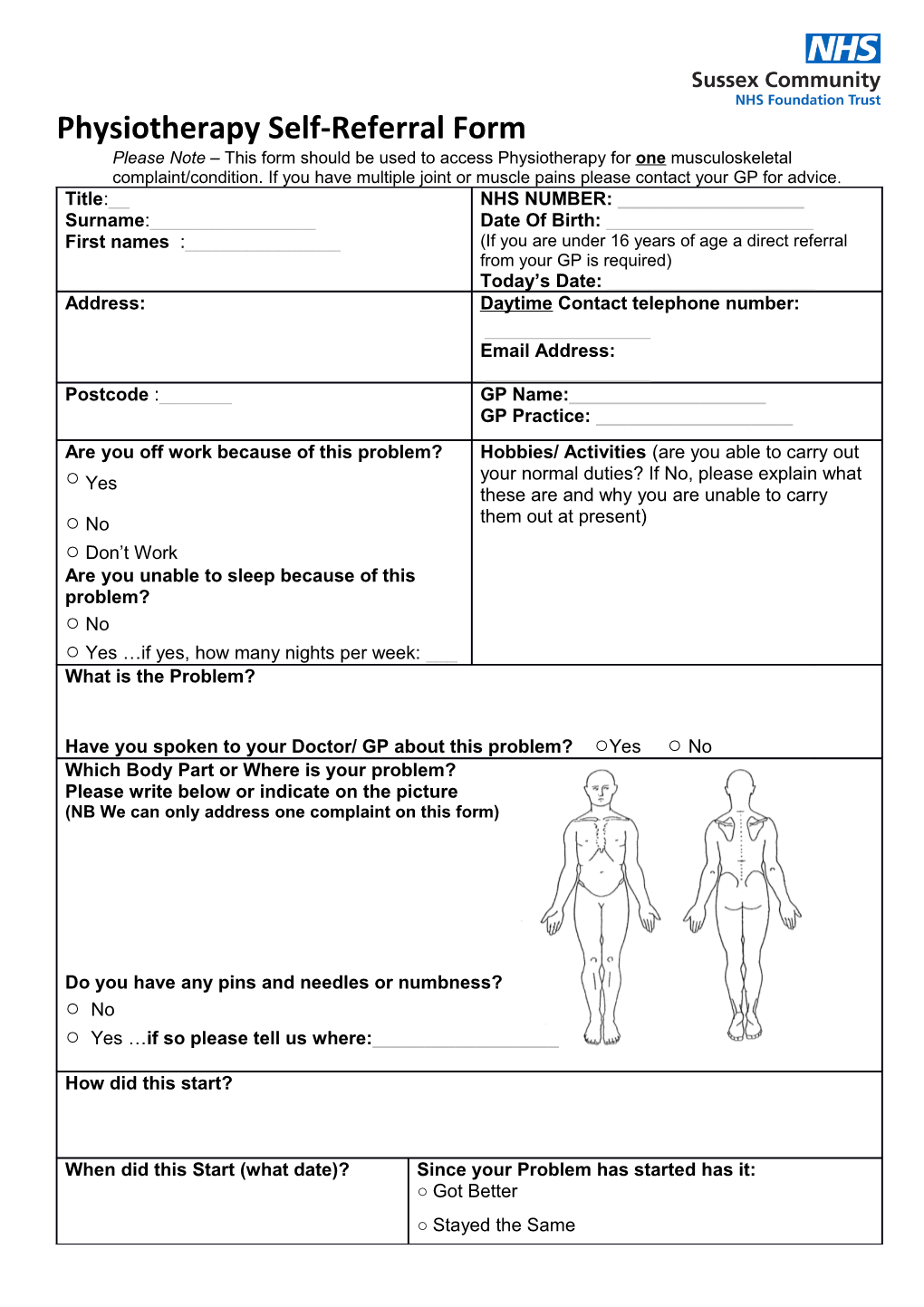 Physiotherapy Self-Referral Form