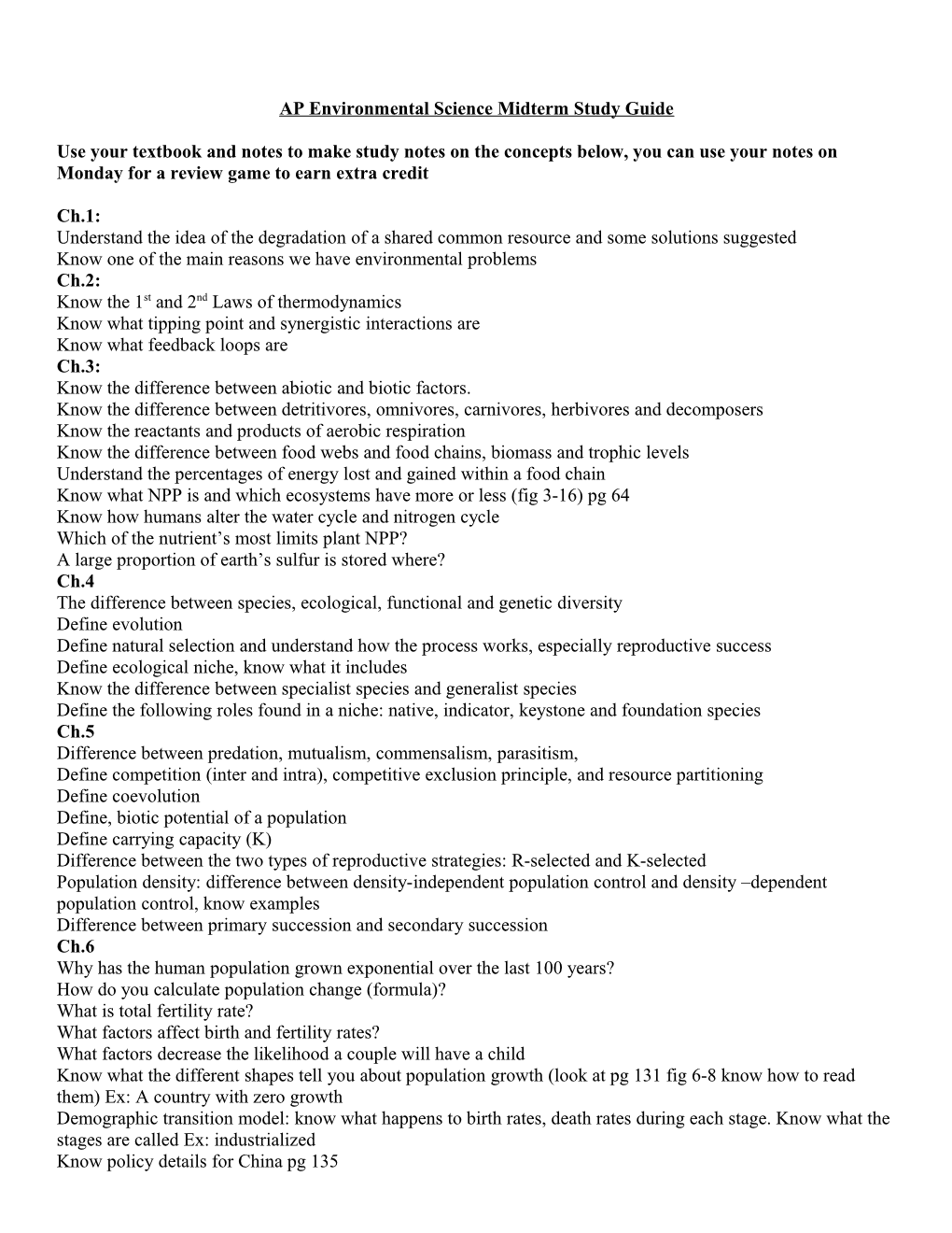 AP Environmental Science Midterm Study Guide