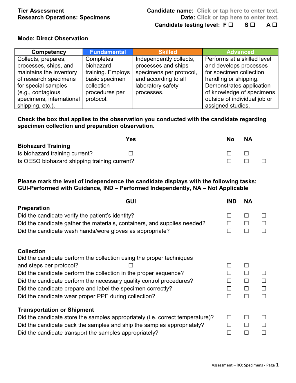 Tier Assessment Candidate Name: Click Or Tap Here to Enter Text. Research Operations