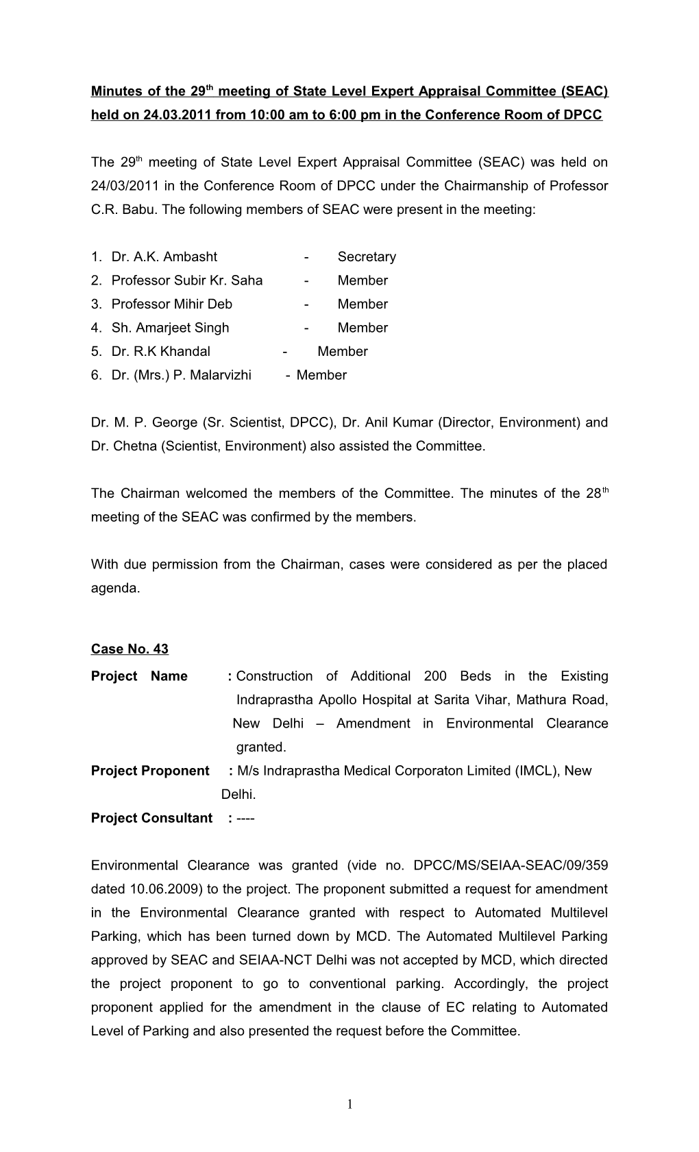 Minutes of the 29Th Meeting of State Level Expert Appraisal Committee (SEAC) Held on 24