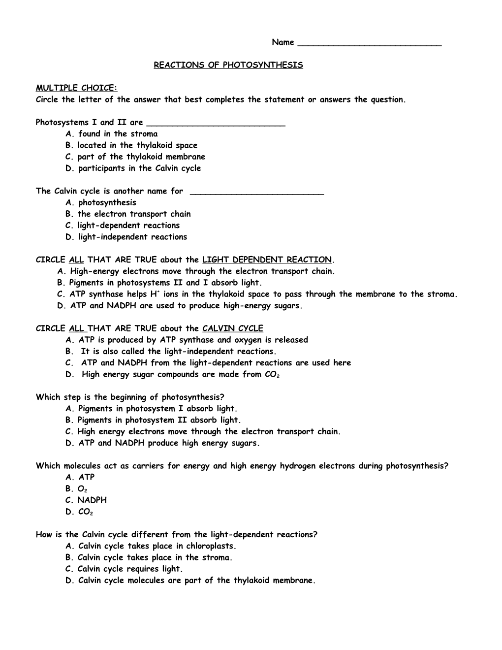 Reactions of Photosynthesis