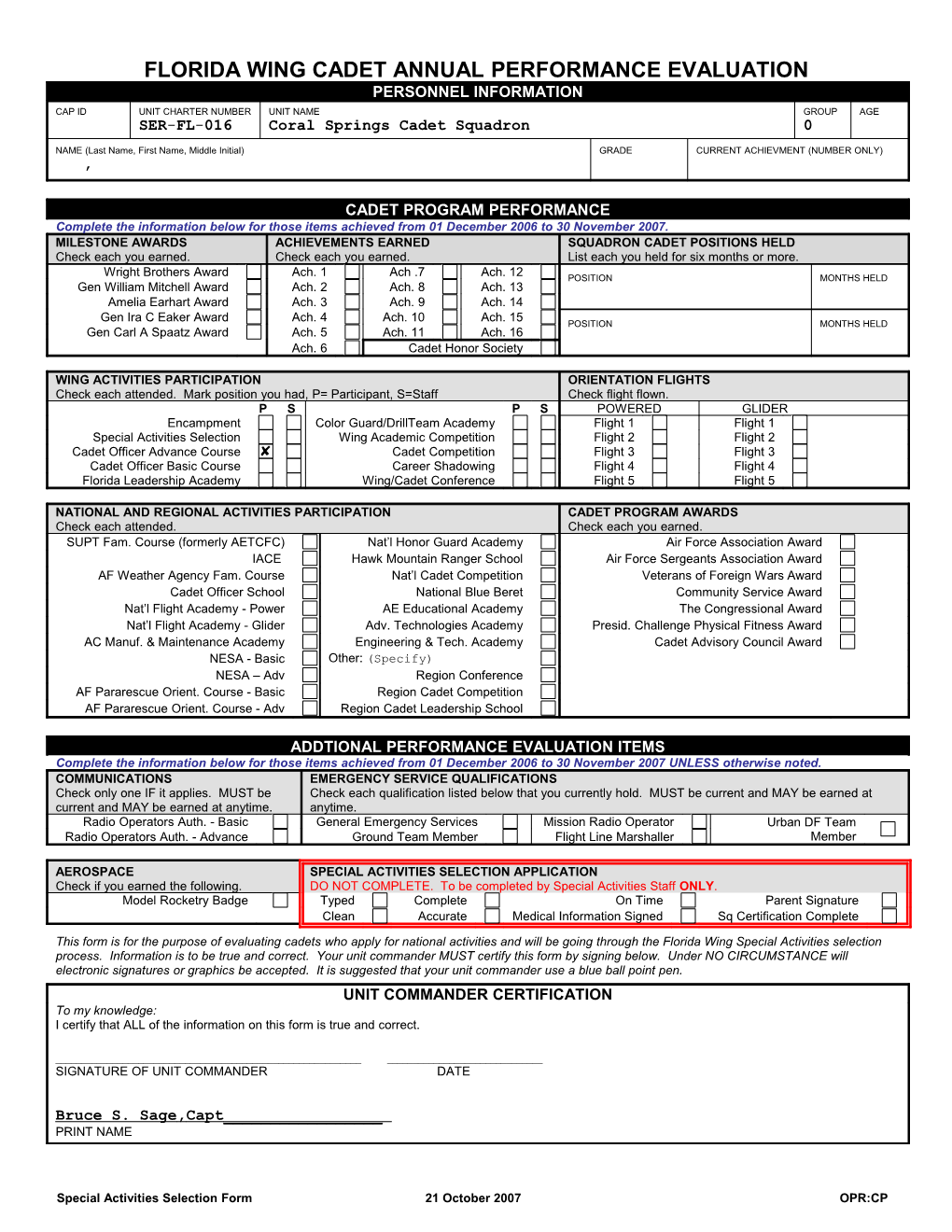 Annual Cadet Performance Evaluation for 2003