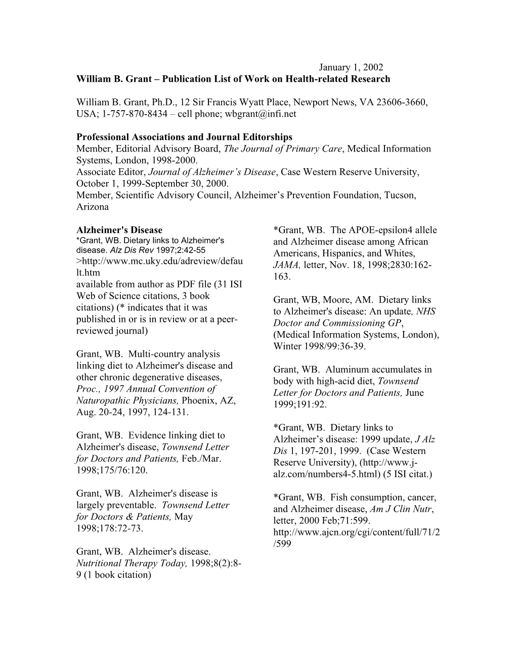 William B. Grant Publication List of Work on Health-Related Research