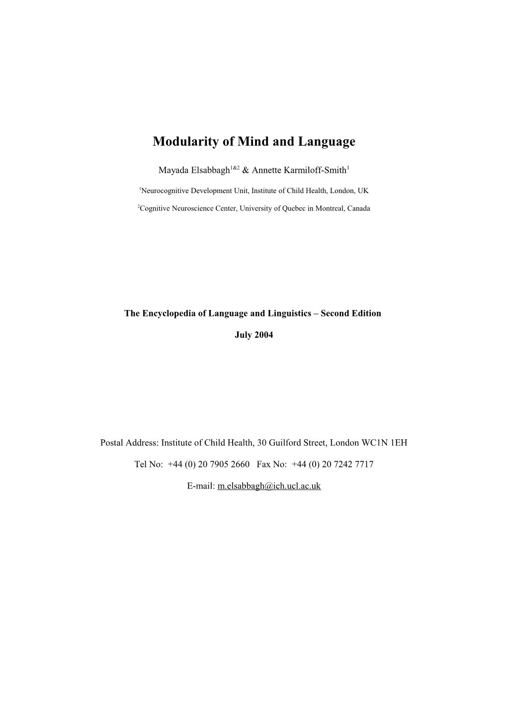 Modularity of Mind and Language