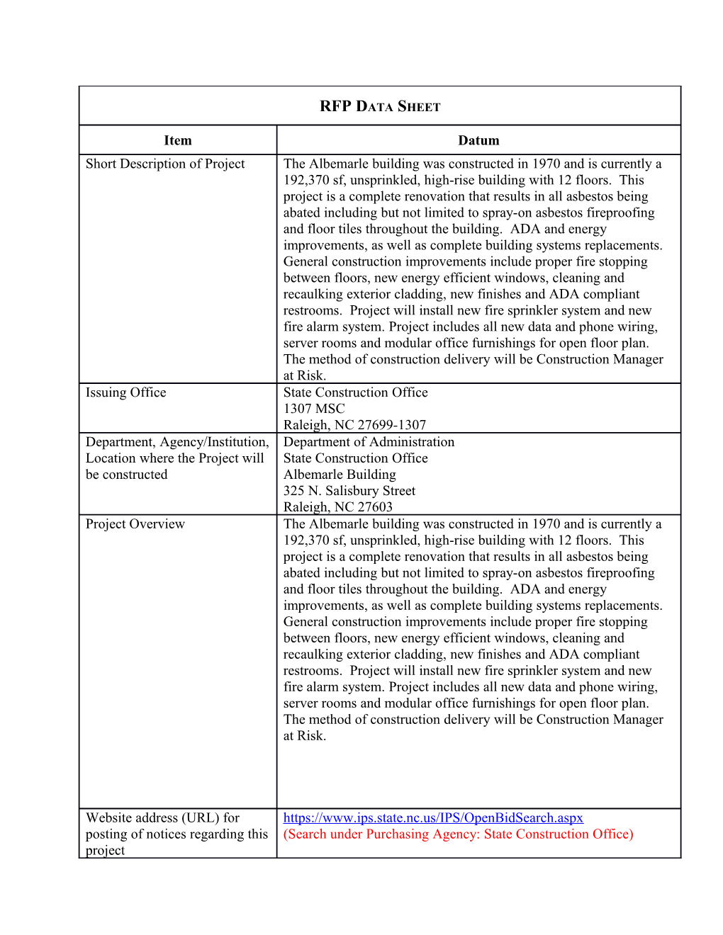 RFP Data Sheet