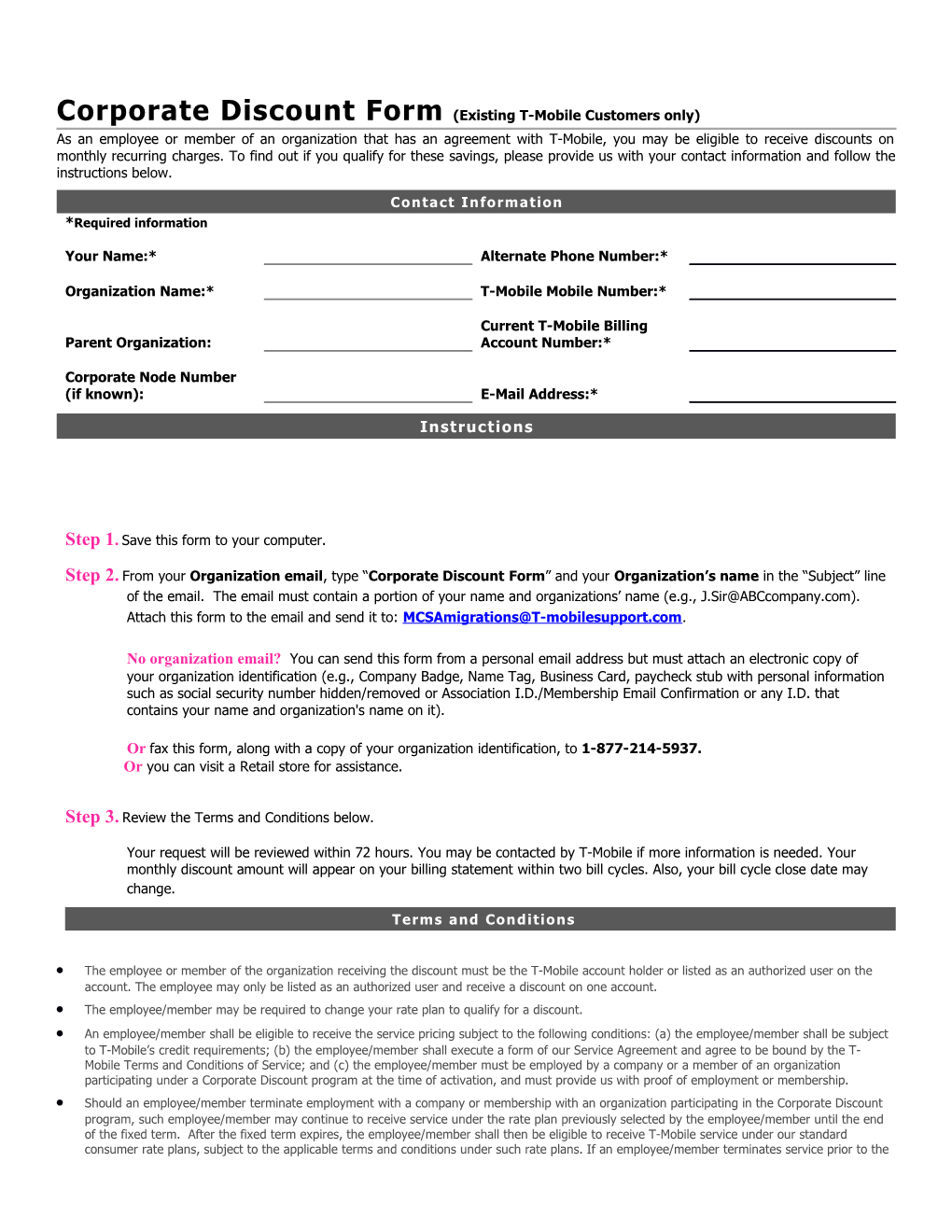 Corporate Discount Form(Existing T-Mobile Customers Only)