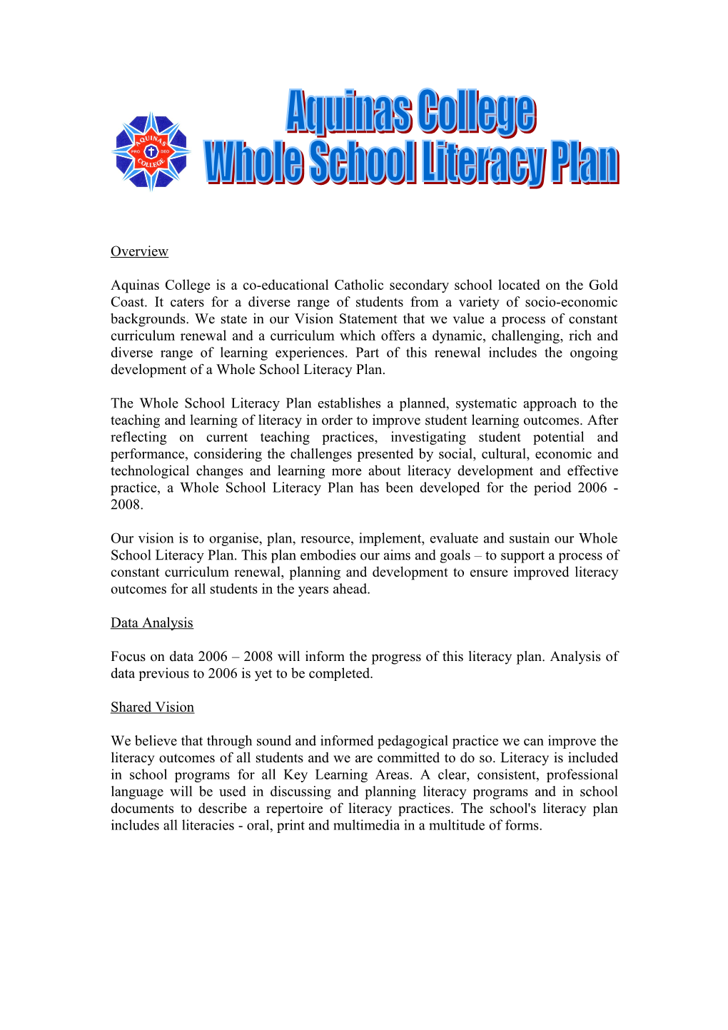 Aquinas Whole School Literacy Plan Draft 1