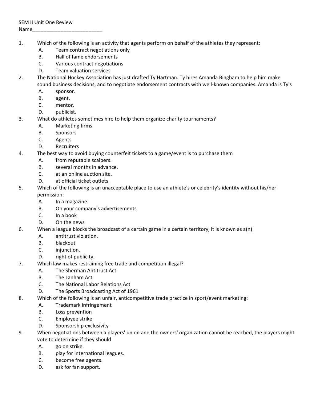 SEM II Unit One Review