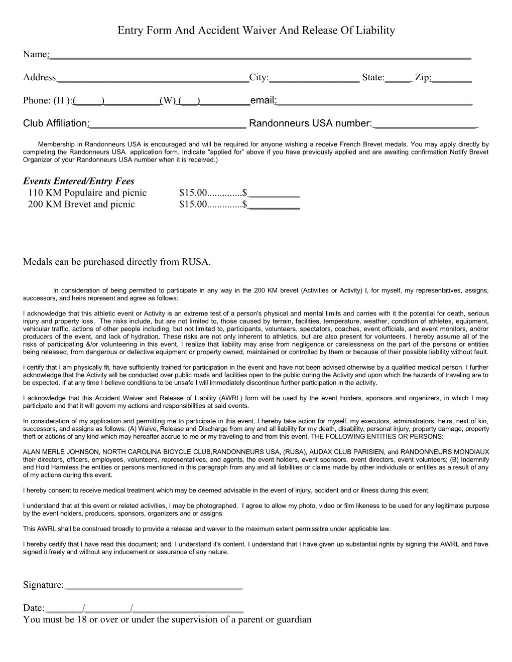 Entry Form and Accident Waiver and Release of Liability