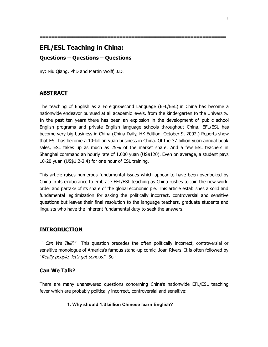 EFL/ESL Teaching in China