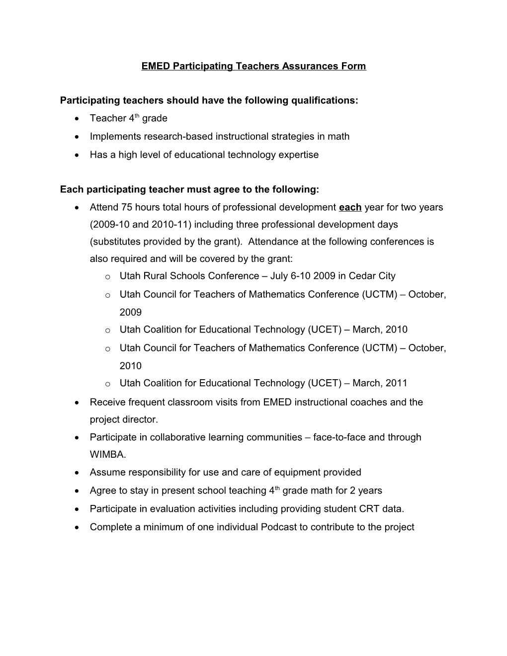EMED Participating Teachers Assurances Form