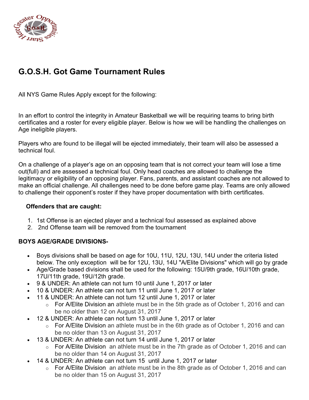 G.O.S.H. Got Game Tournament Rules