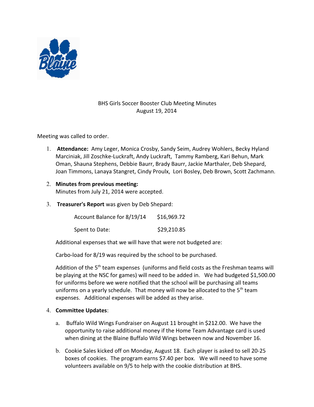 BHS Girls Soccer Booster Club Meeting Minutes August 19, 2014