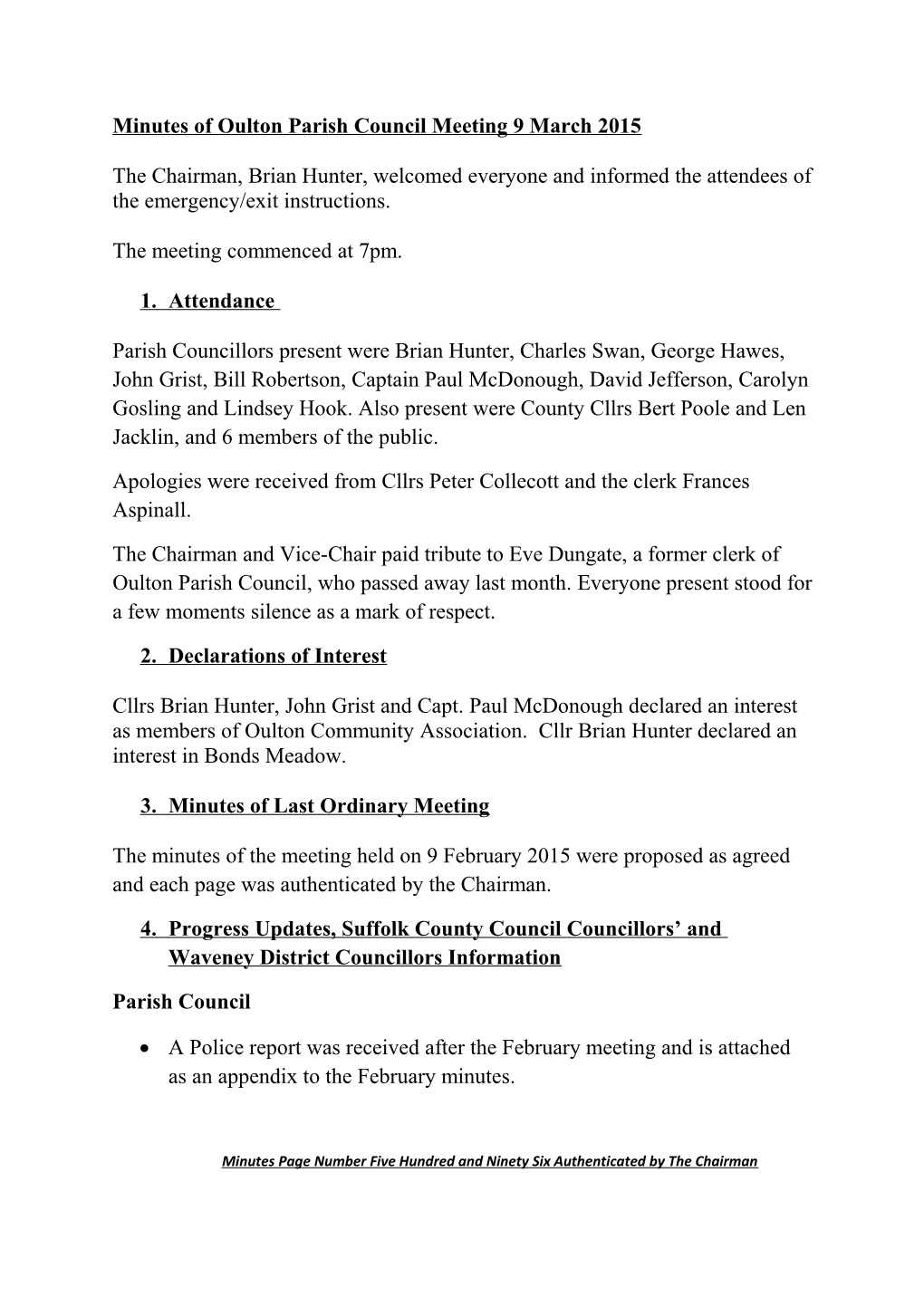 Minutes of Oulton Parish Council Meeting 9 March 2015