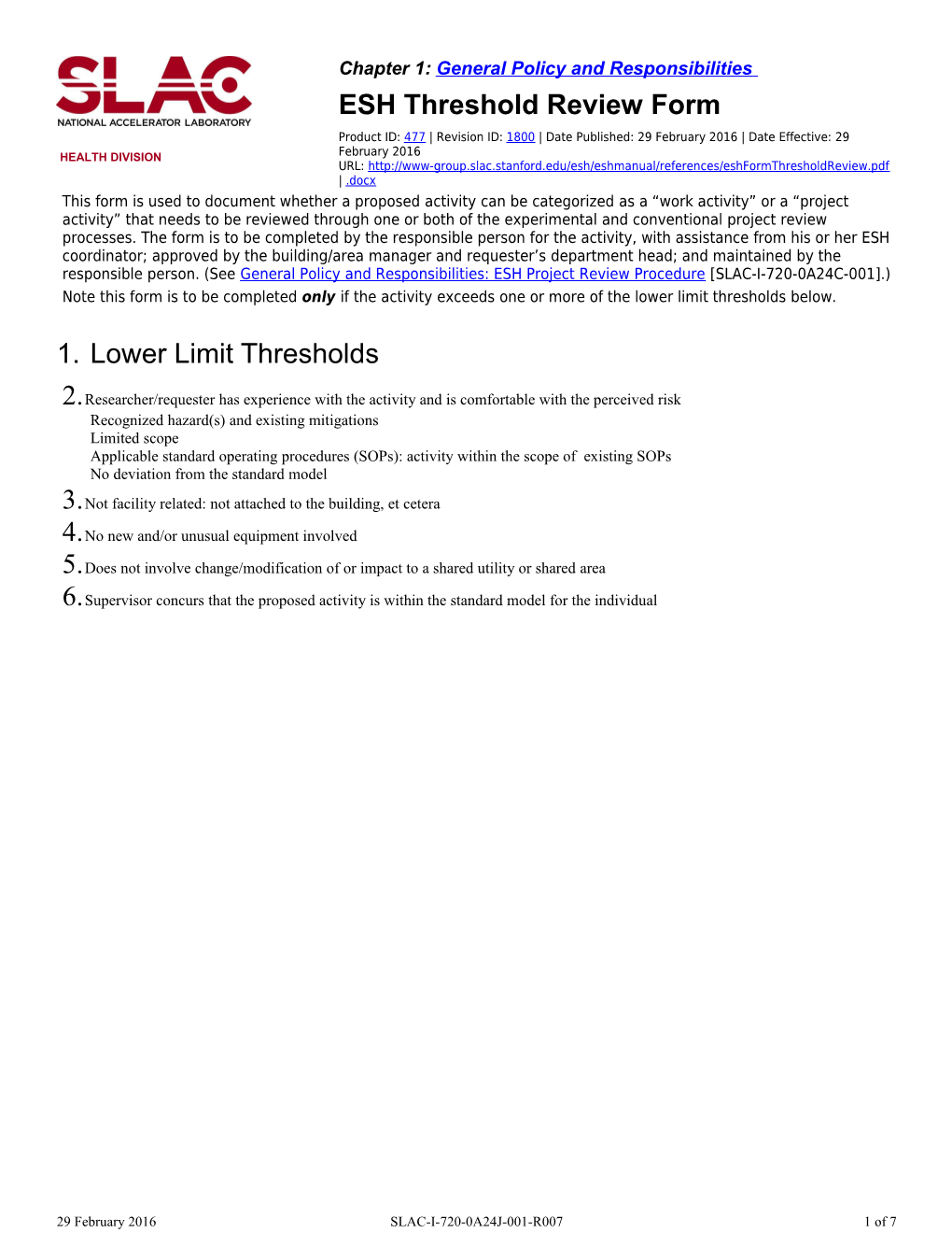 ESH Threshold Review Form