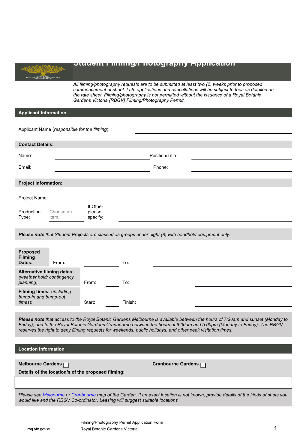 Filming/Photography Permit Application Form