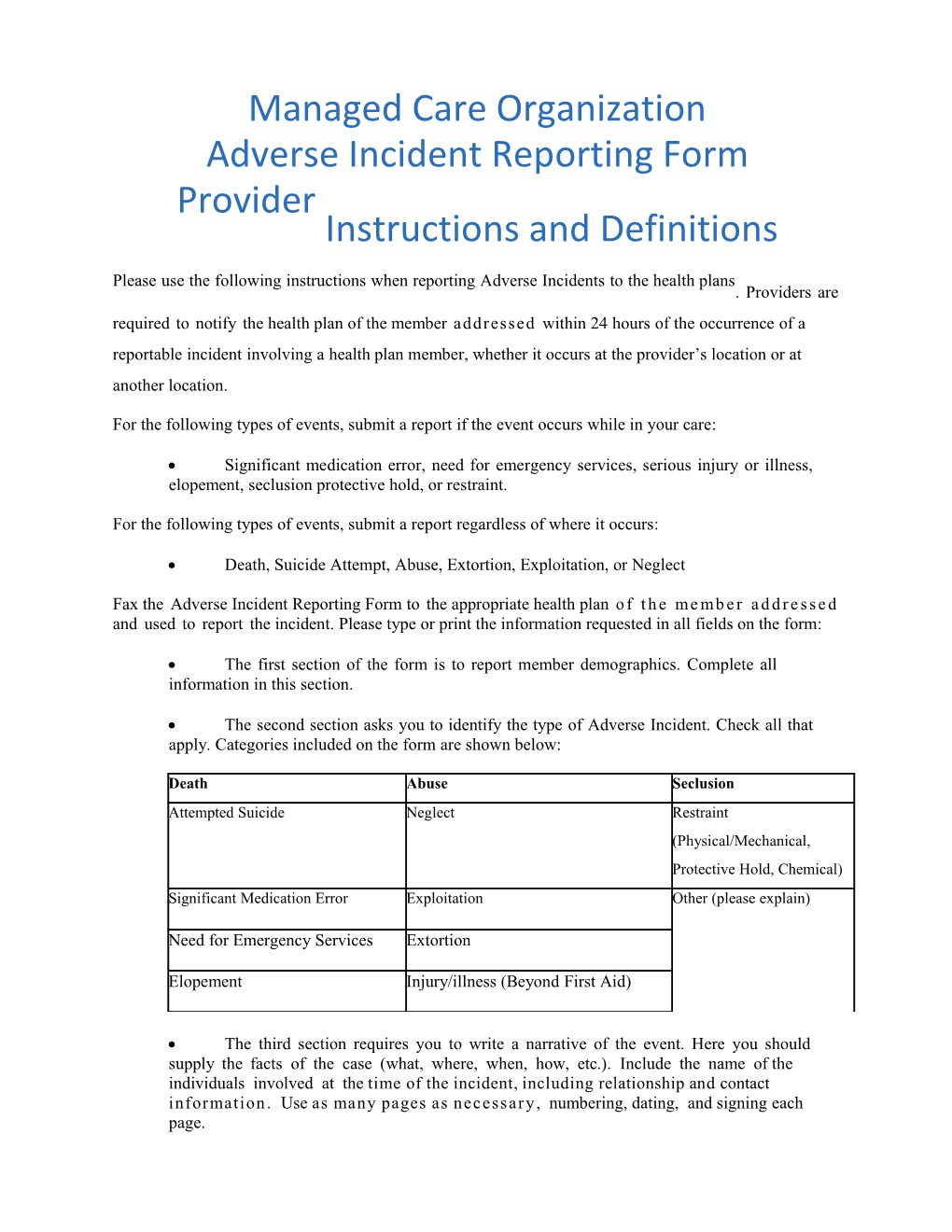 326 MCO Adverse Incident Reporting Form Instructions