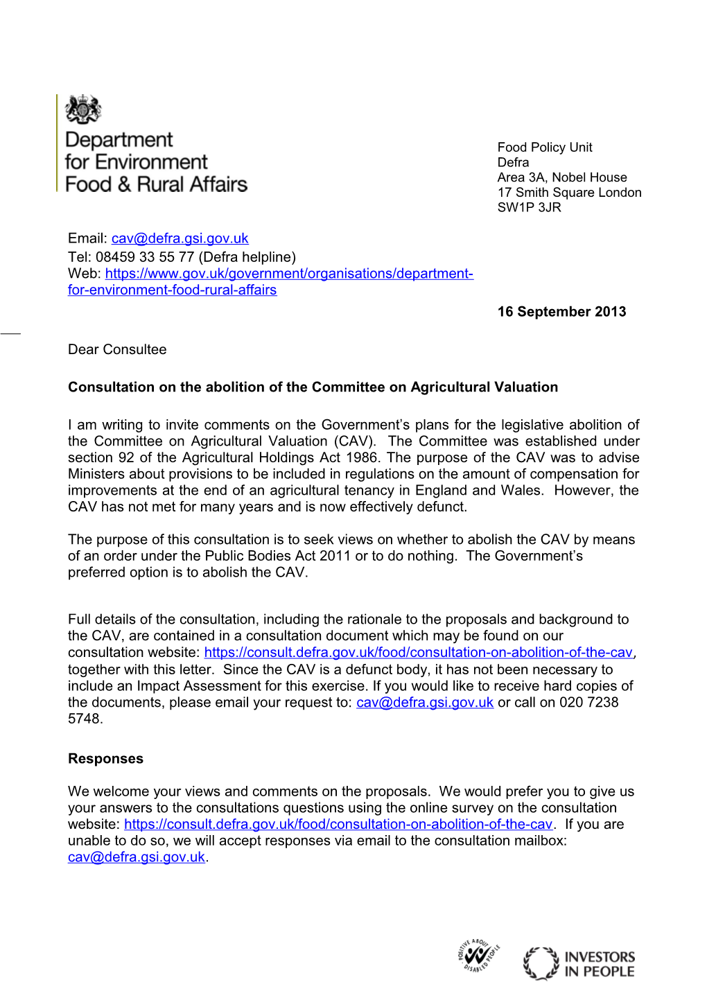 Consultation on the Abolition of the Committee on Agricultural Valuation