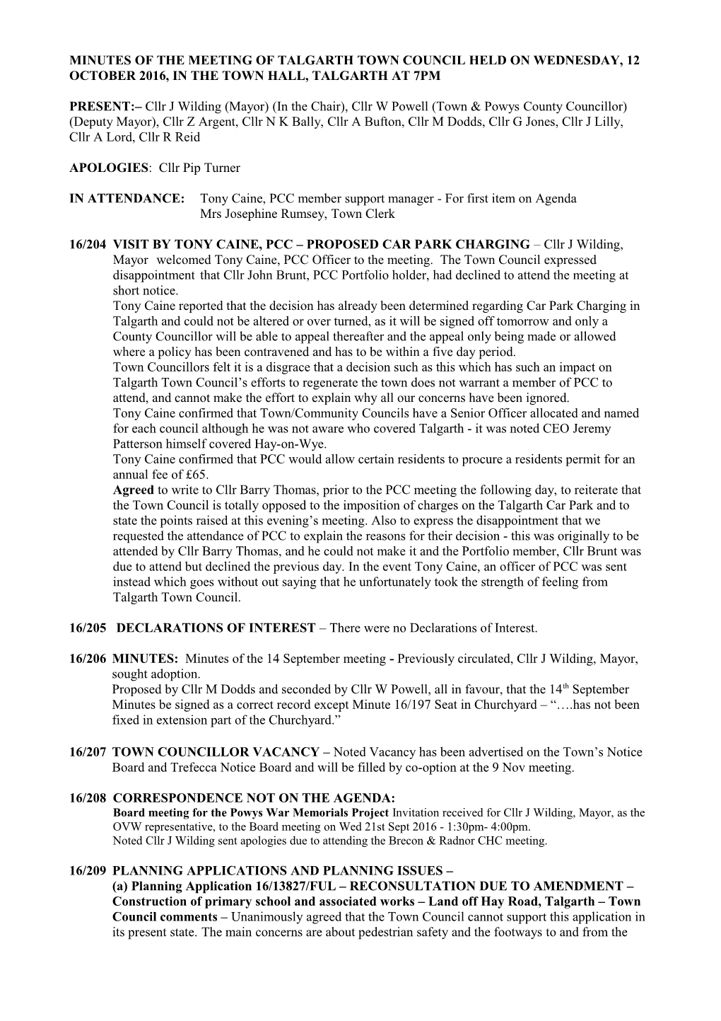 Minutes of the Meeting of Talgarth Town Council Held on Wednesday, 10 October 2012, In s1