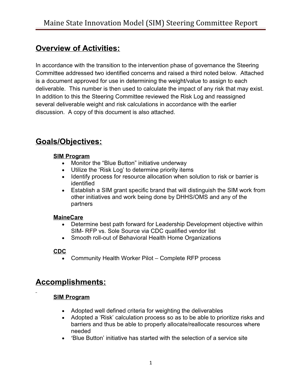 Maine State Innovation Model (SIM) Steering Committee Report