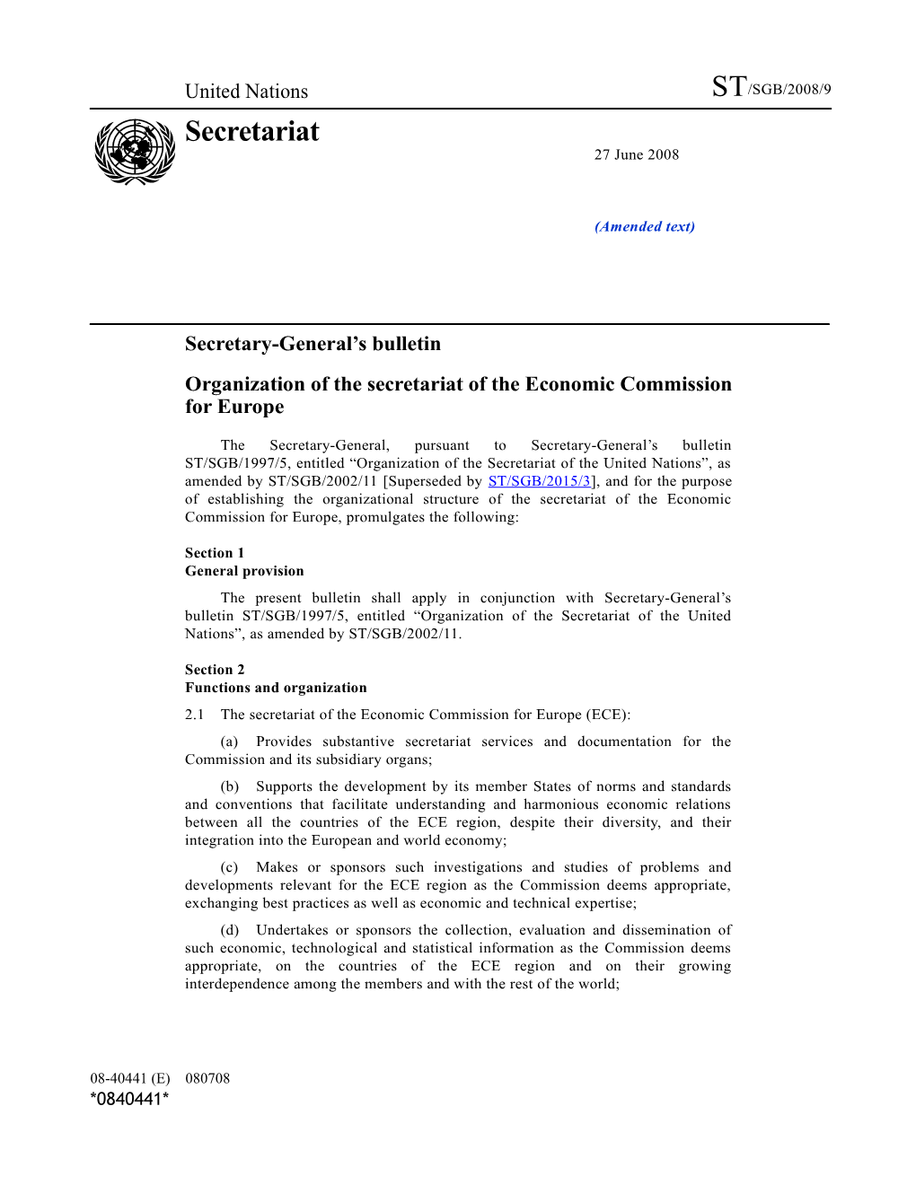 Organization of the Secretariat of the Economic Commission for Europe