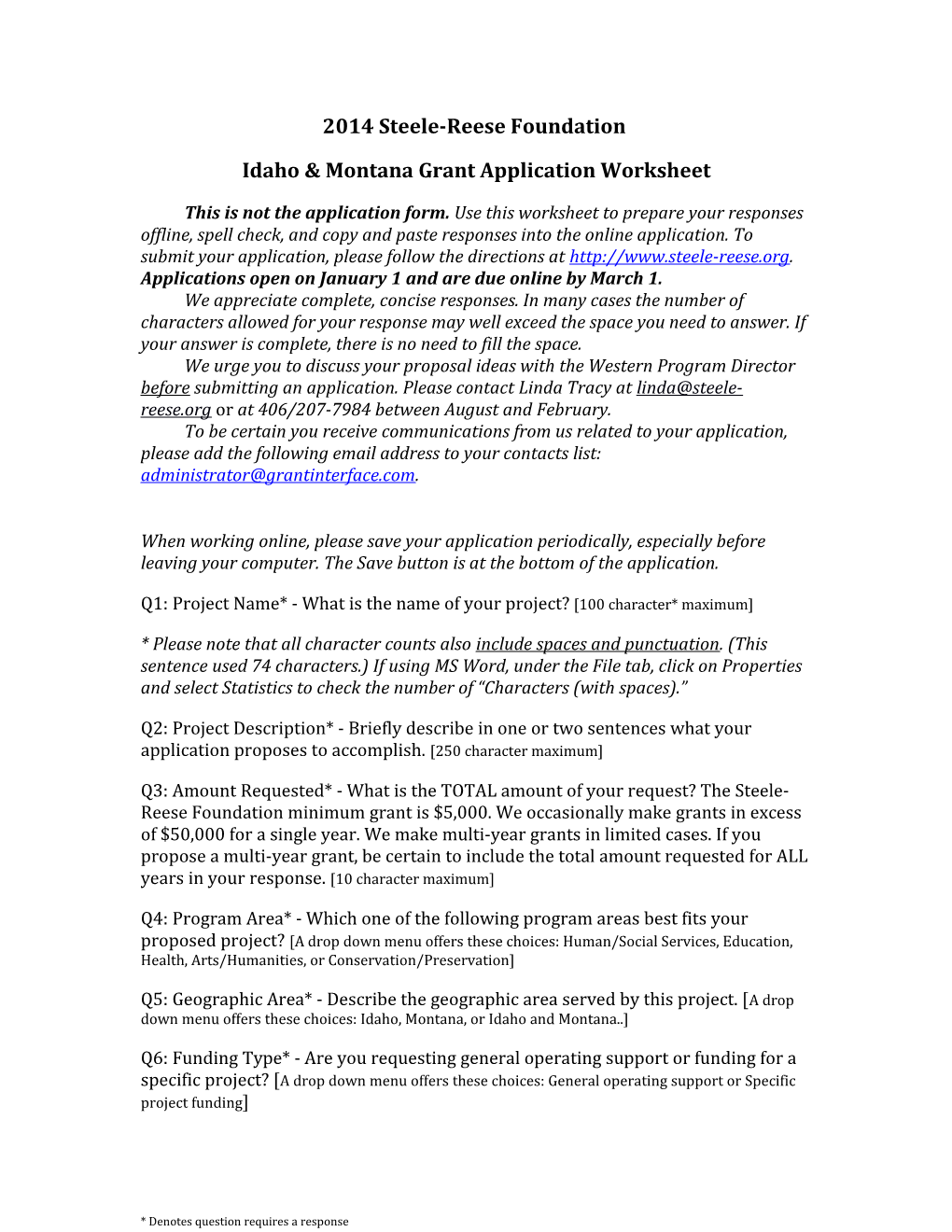 2011 Steele-Reese Foundation Grant Application Worksheet 1