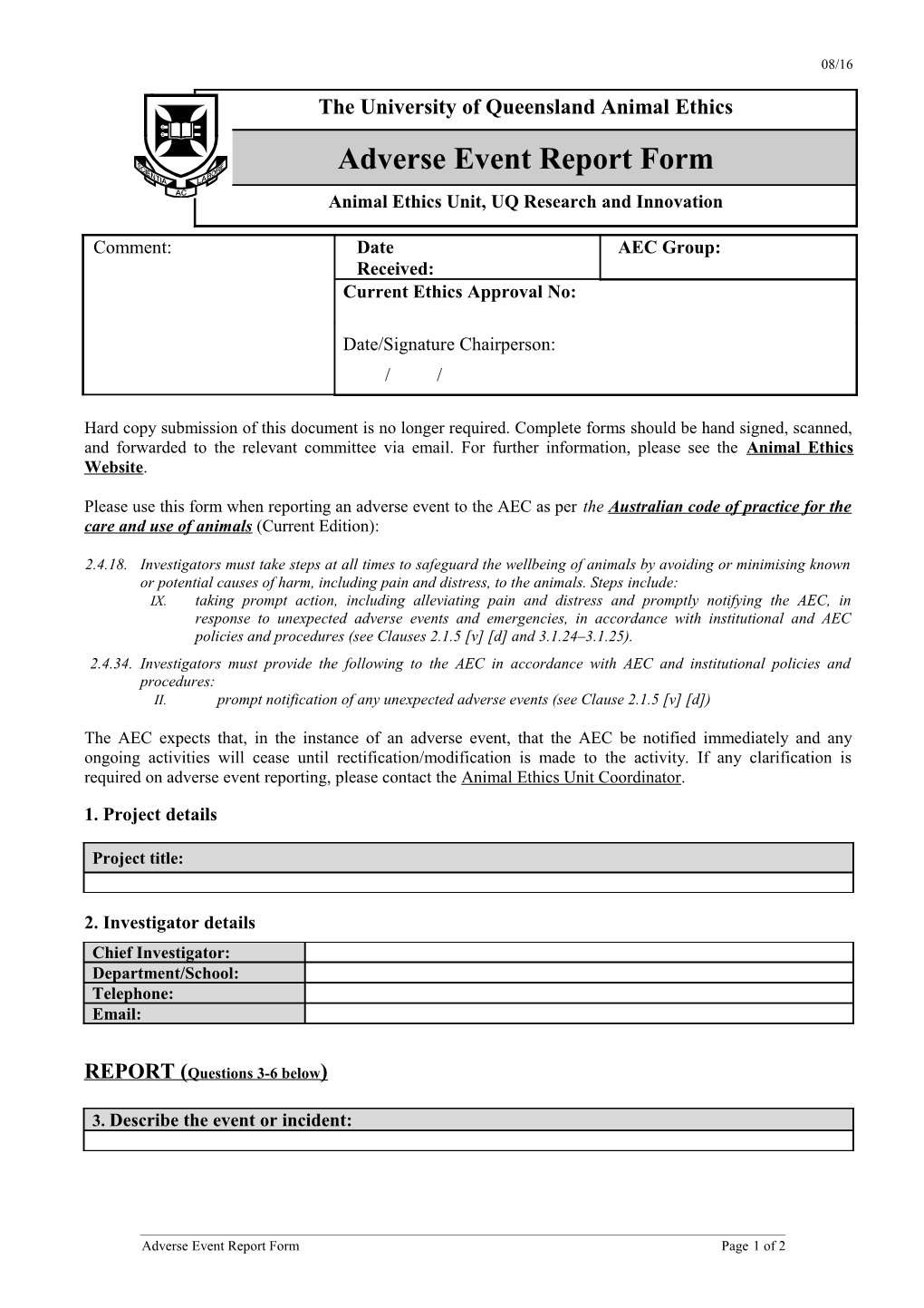 Adverse Event Reporting Form