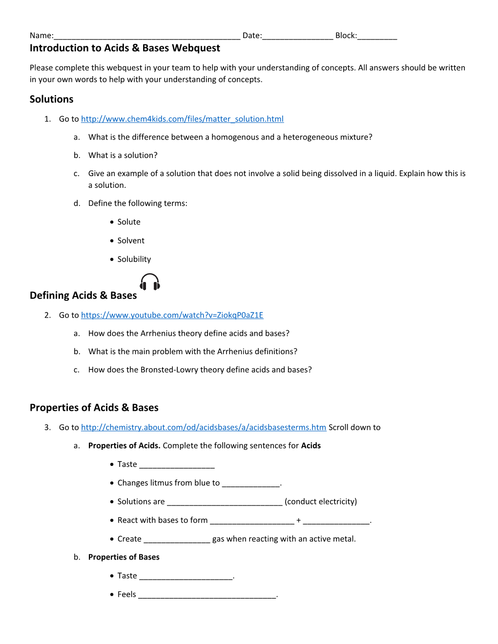 Introduction to Acids & Bases Webquest