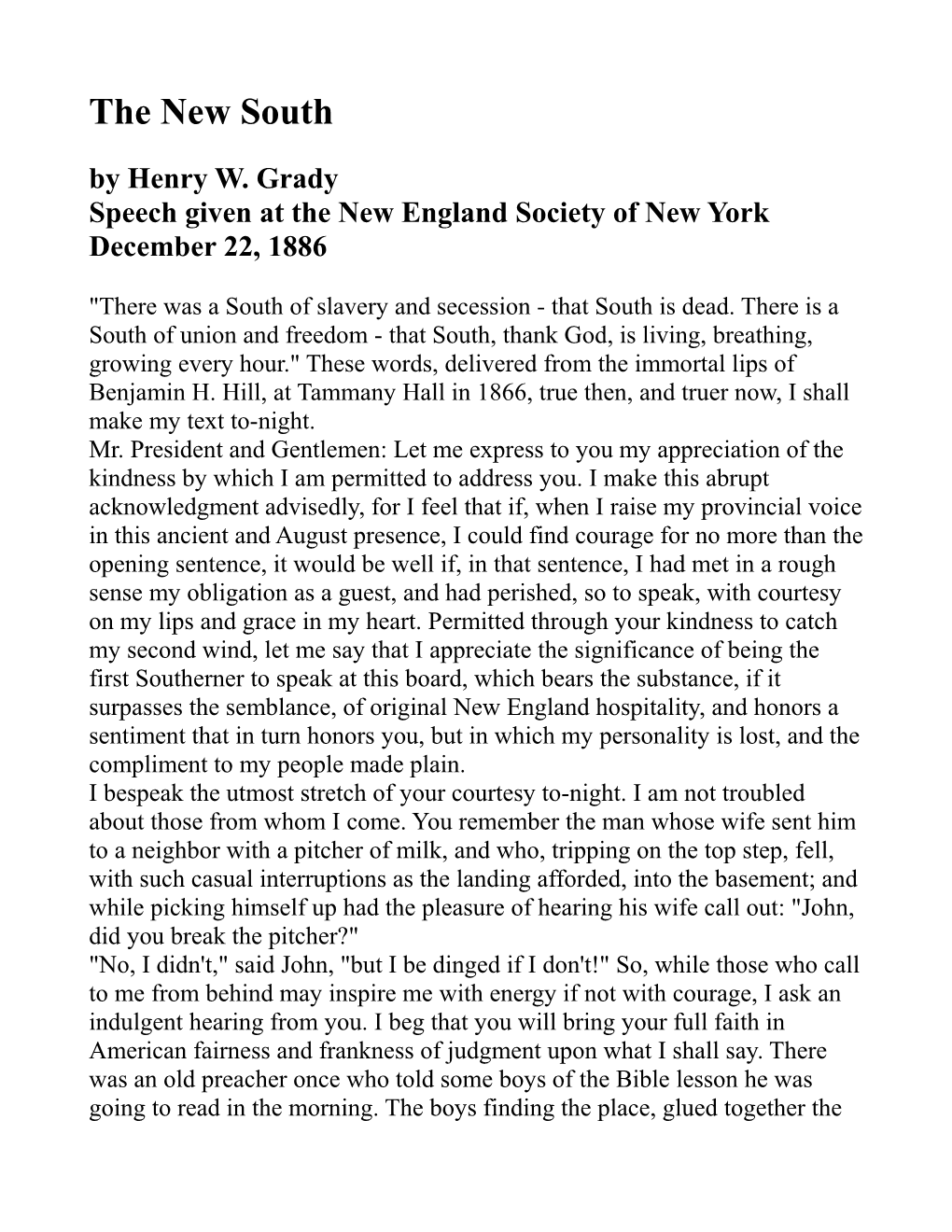 Speech Given at the New England Society of New York