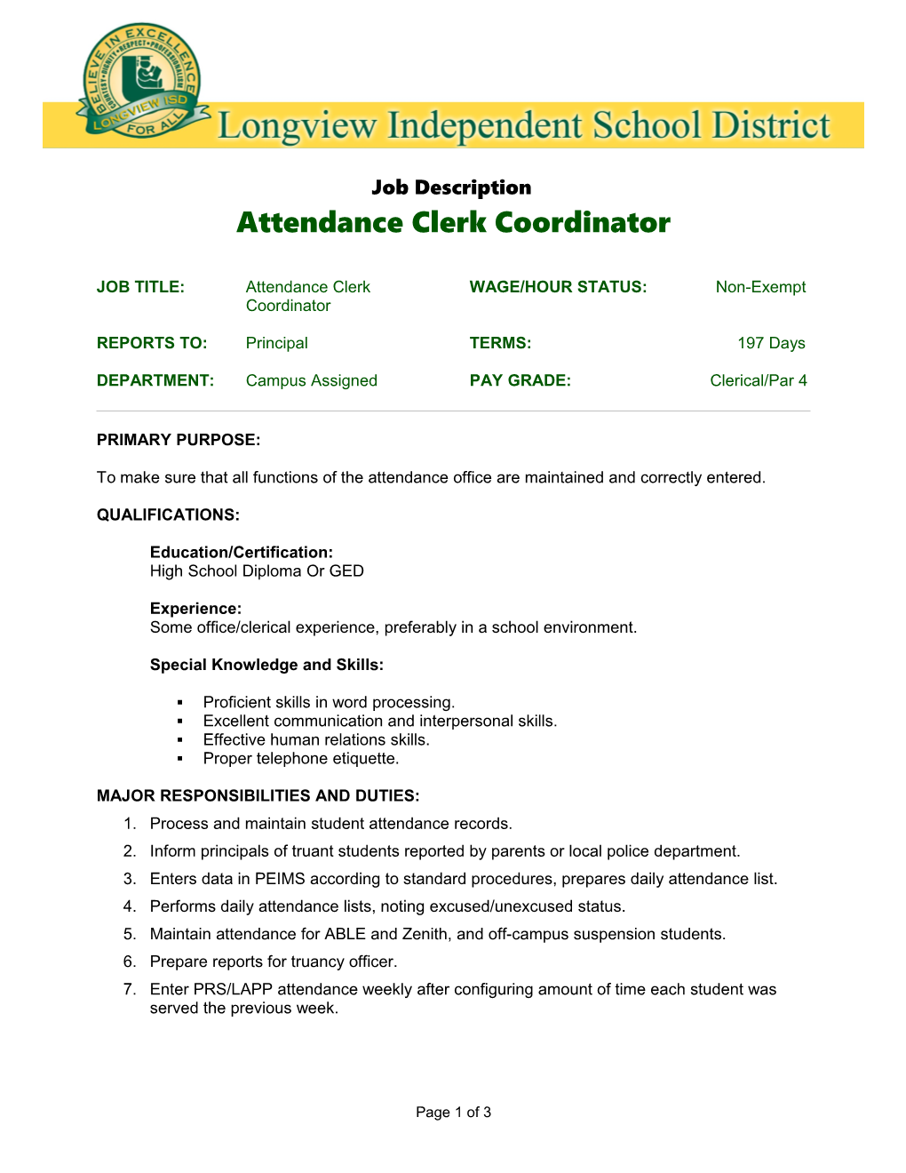 JOB TITLE: Attendance Clerk Coordinator