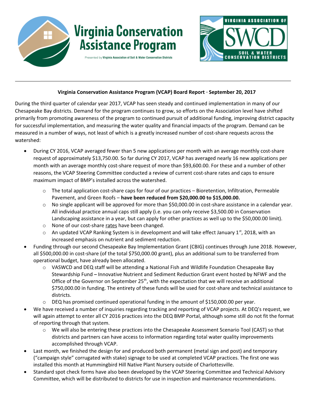 Virginia Conservation Assistance Program (VCAP) Board Report September 20, 2017