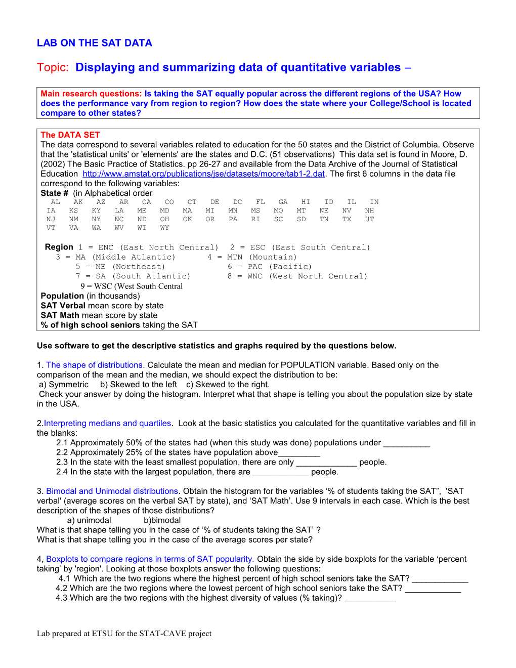 Math 1530 - Chapter 1- Lab- BASIC STATISTICS and GRAPHS Name ______