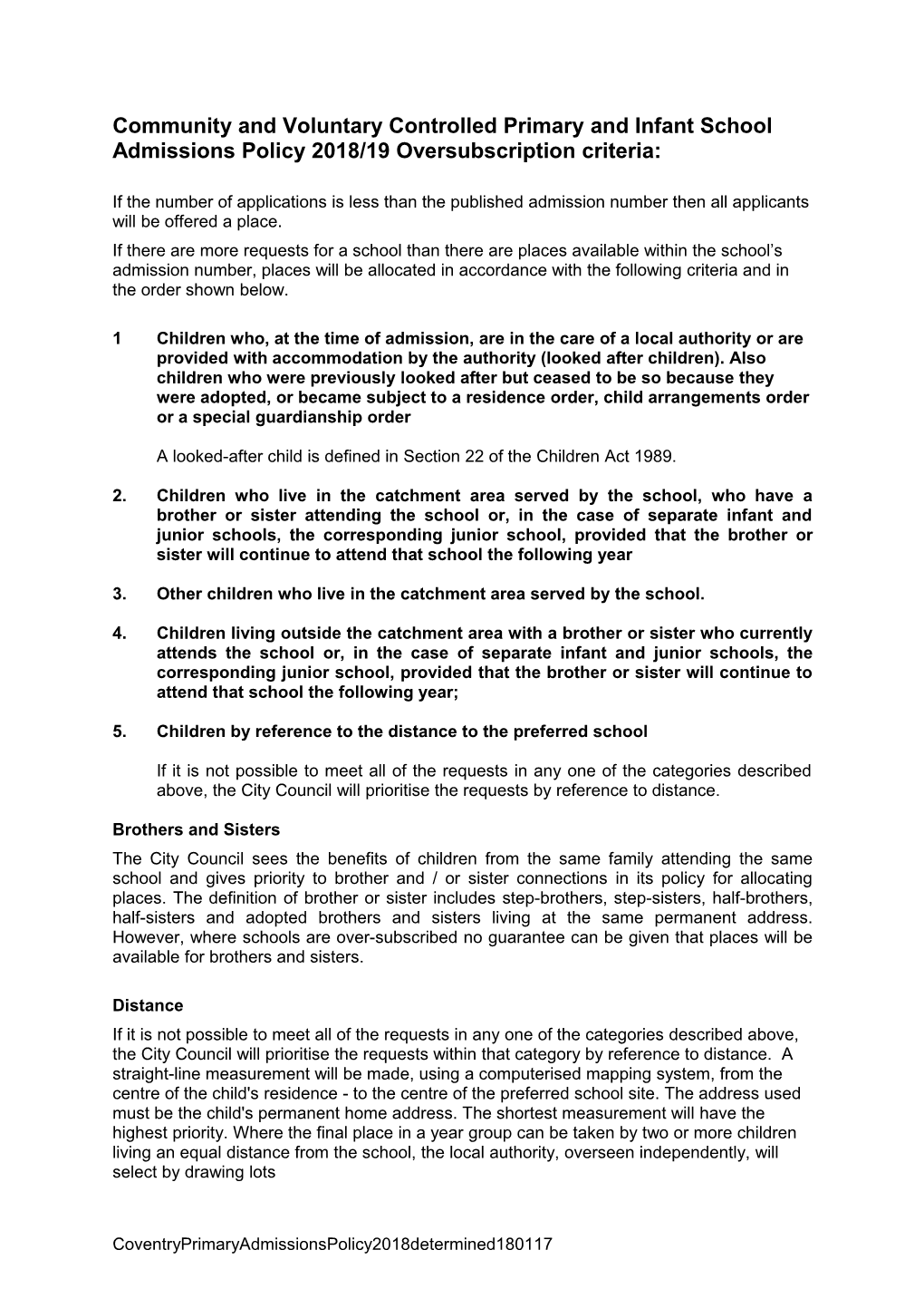 Community and Voluntary Controlled Primary and Infant School Admissions Policy 2018/19