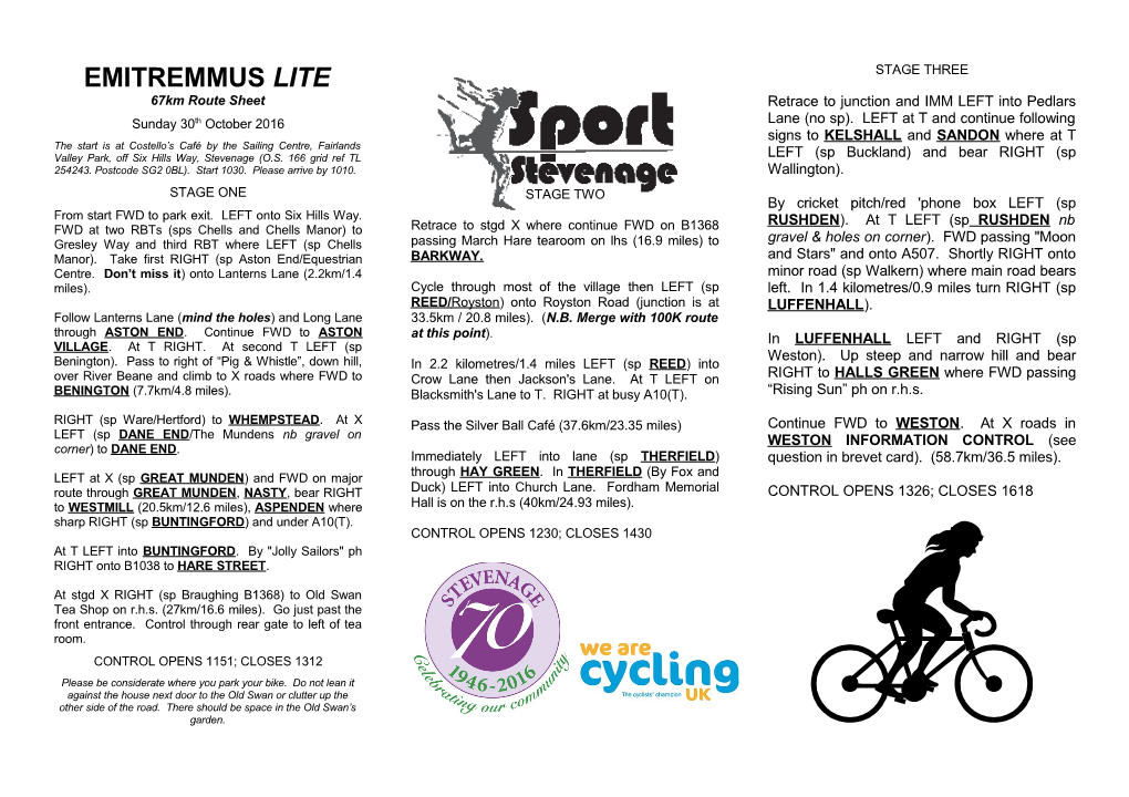 67Km Route Sheet