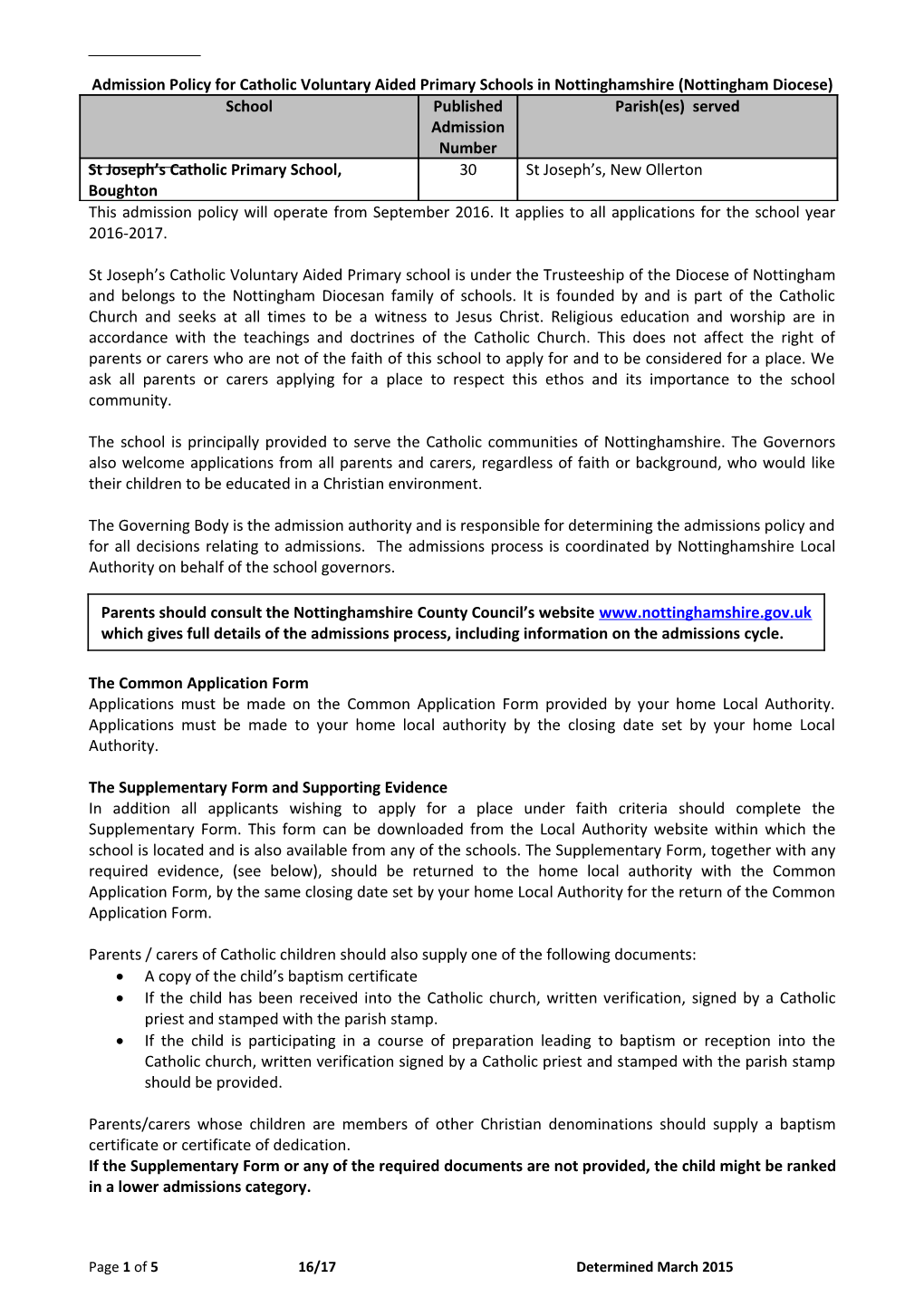 Admission Policy for Catholic Voluntary Aided Primary Schools in Nottinghamshire (Nottingham