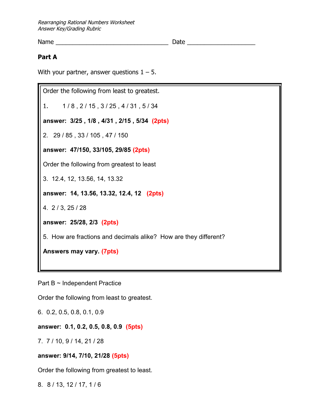 Rearranging Rational Numbers Worksheet