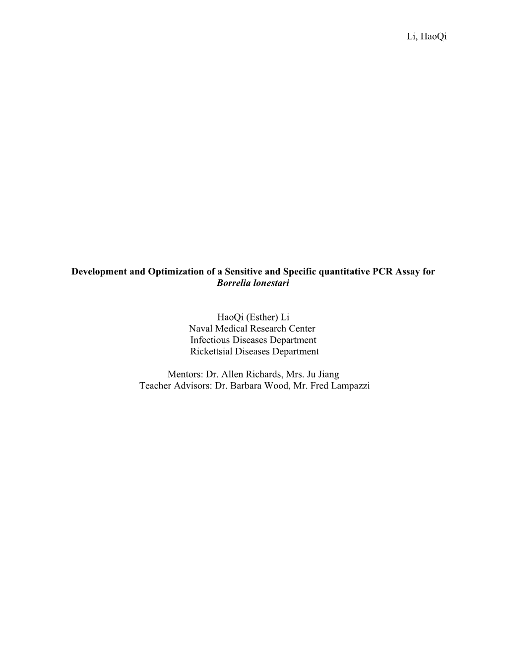 The Development and Optimization of a Sensitive and Specific Quantitative PCR Assay For