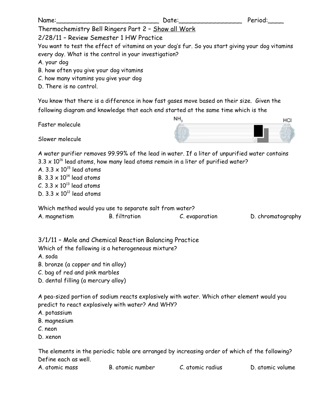 Thermochemistry Bell Ringers Part 2 Show All Work