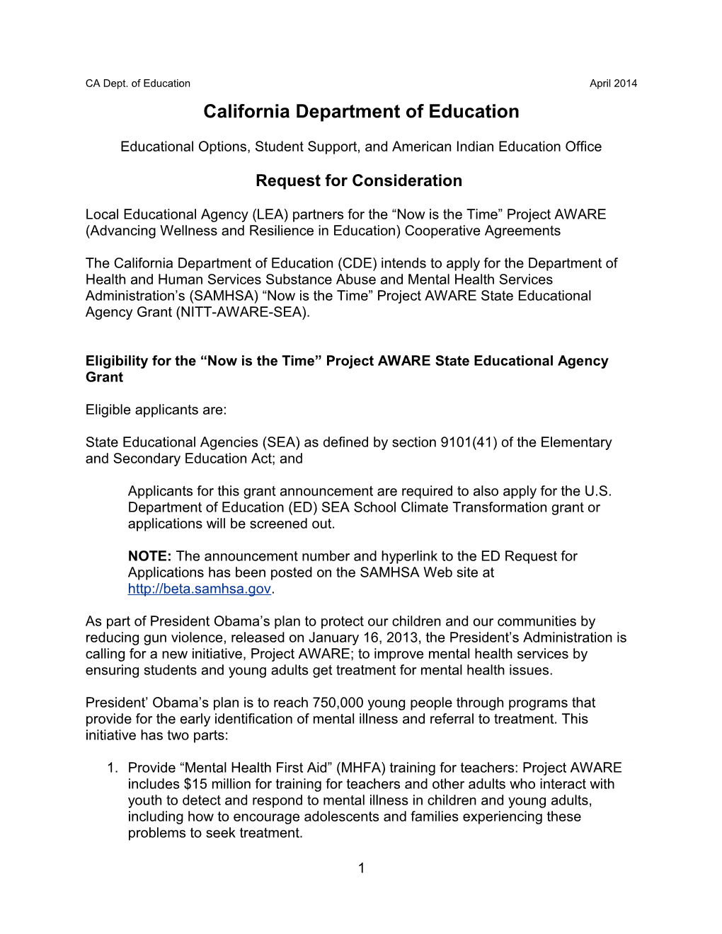 Request for Consideration - Letters (CA Dept of Education)