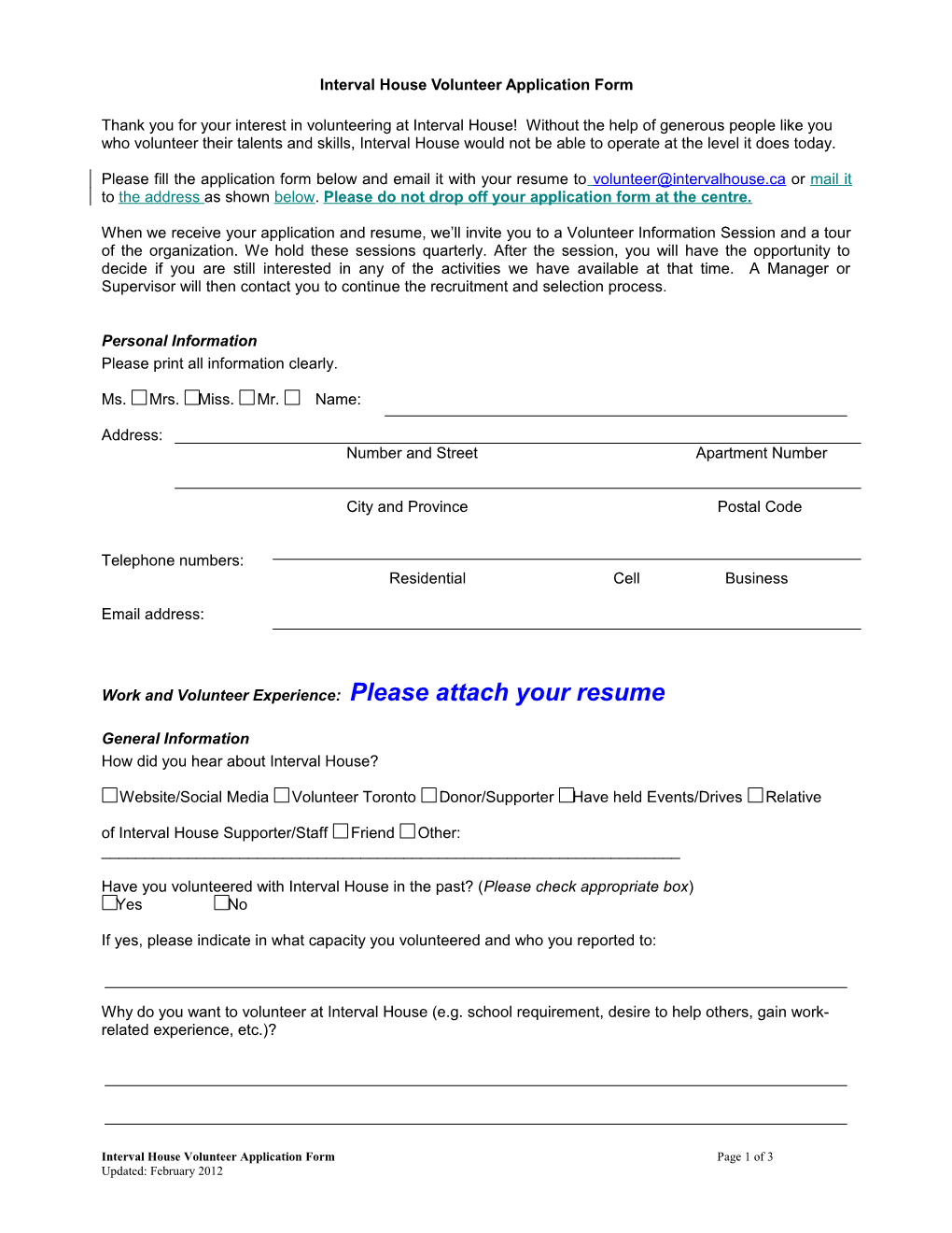 Interval House Volunteer Profile Form